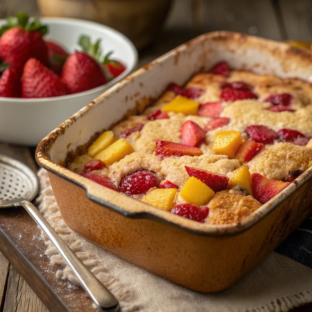 Strawberry mango dump cake fresh from oven