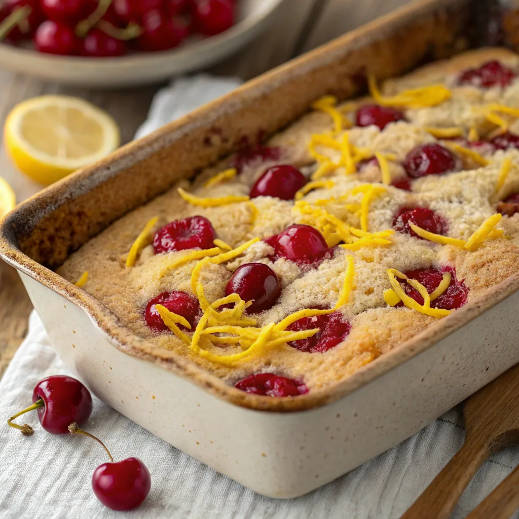 Cherry Lemon Dump Cake in baking dish