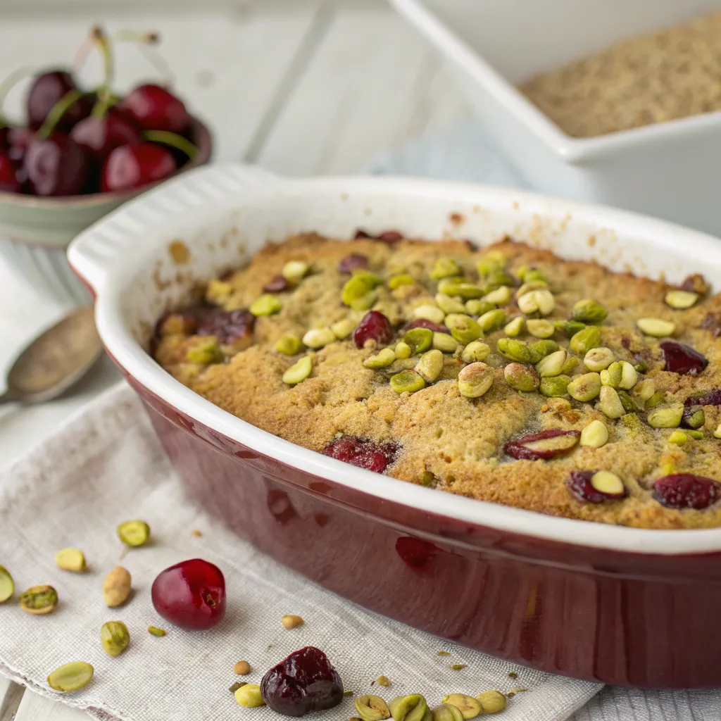 Cherry pistachio dump cake served hot