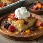 Dump cake with whipped cream topping served hot