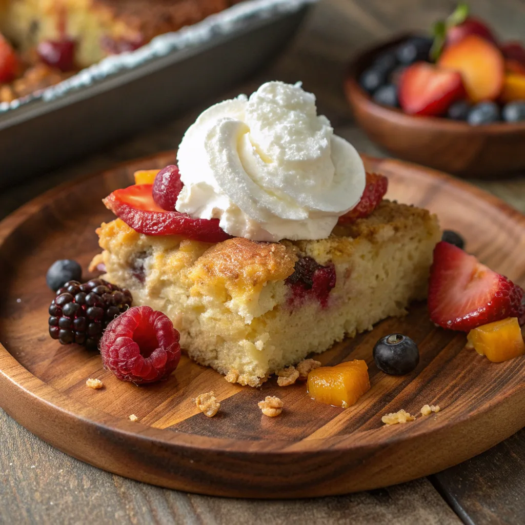 Dump cake with whipped cream topping served hot