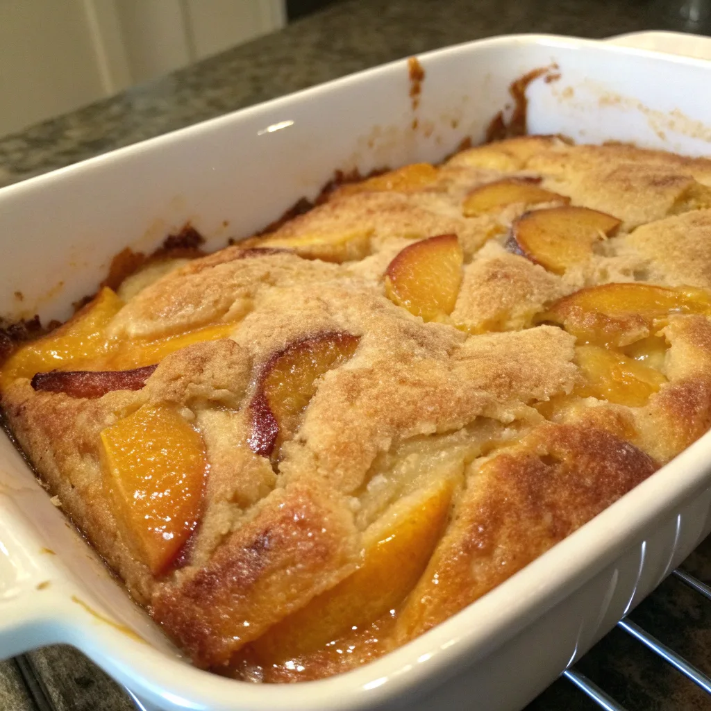 Peach Dump Cakes with Fresh or Canned Peaches – Easy & Delicious 10 peach dump cake baking in oven