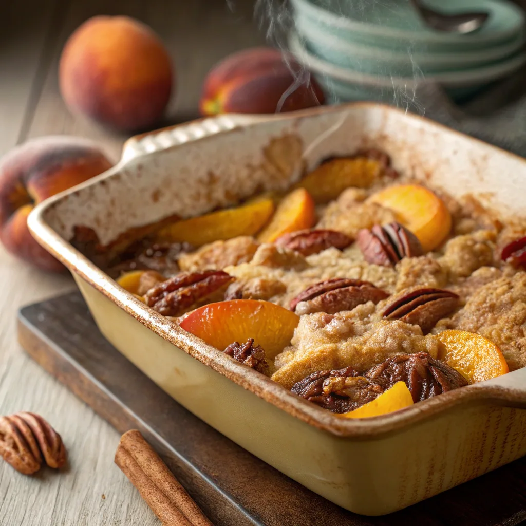 Peach pecan dump cake served hot