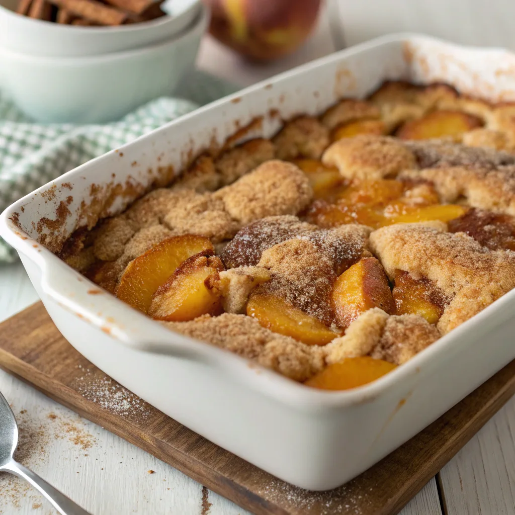 Peach Spice Dump Cake bubbling in baking dish