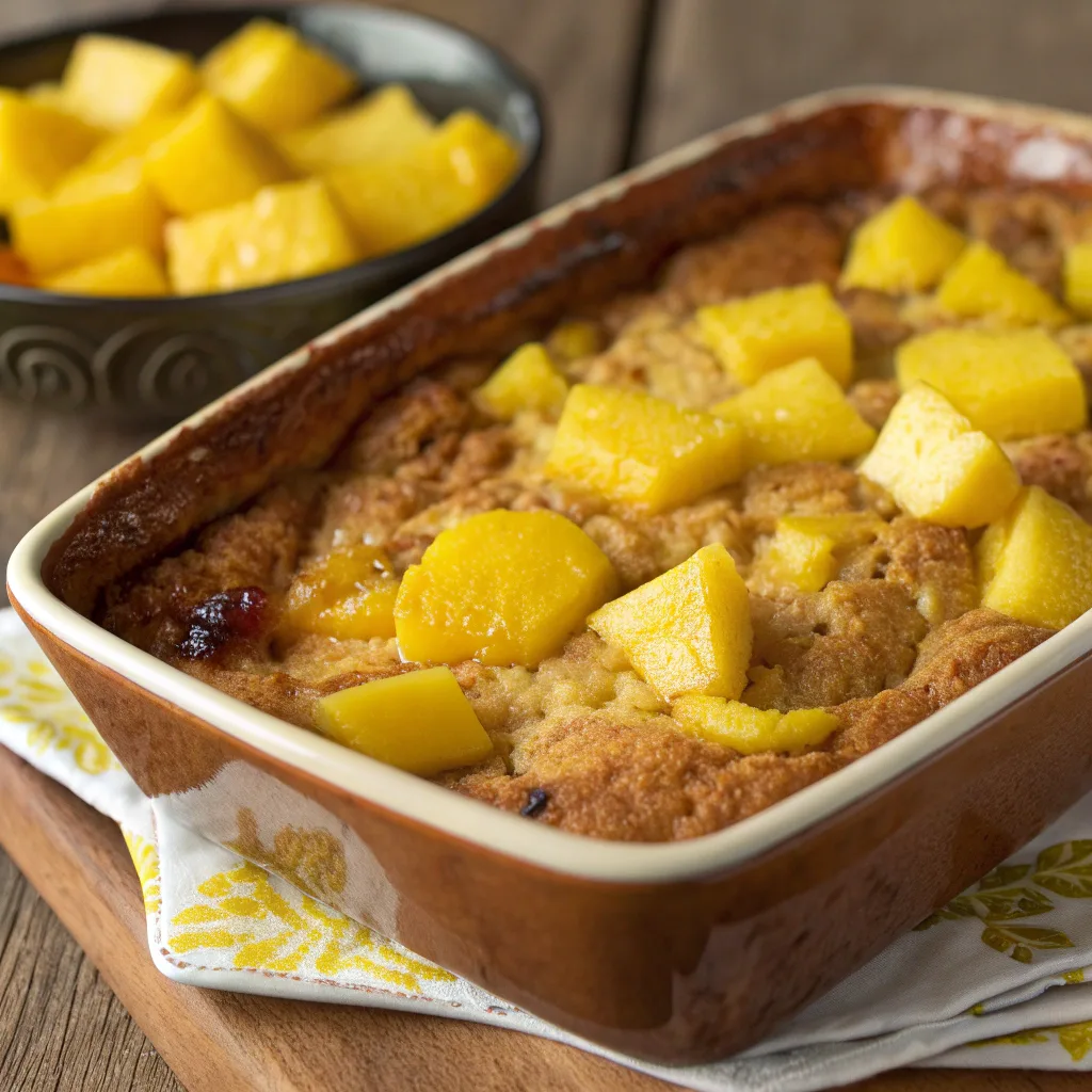Pineapple mango dump cake served hot