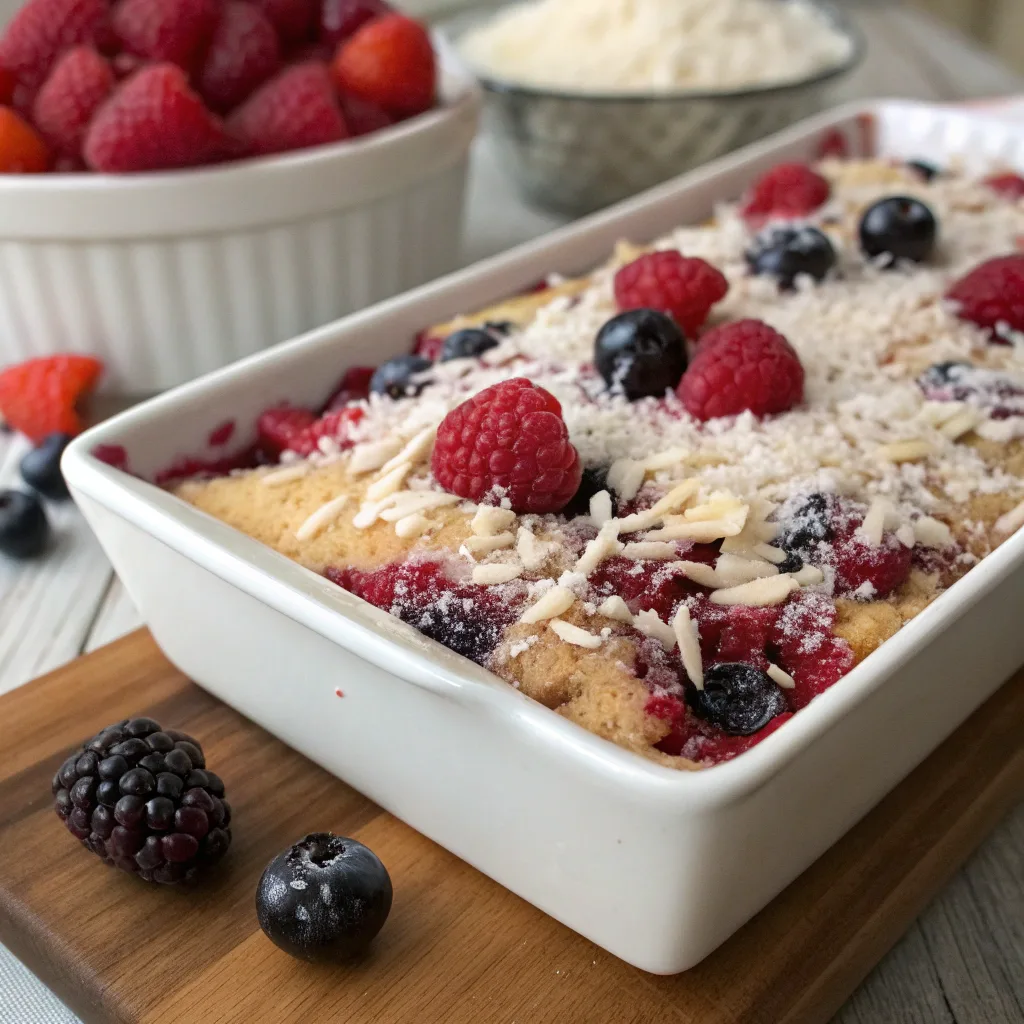 Mixed Berry Coconut Dump Cake served hot