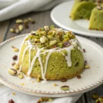 Pistachio Dump Cake with White Chocolate served hot