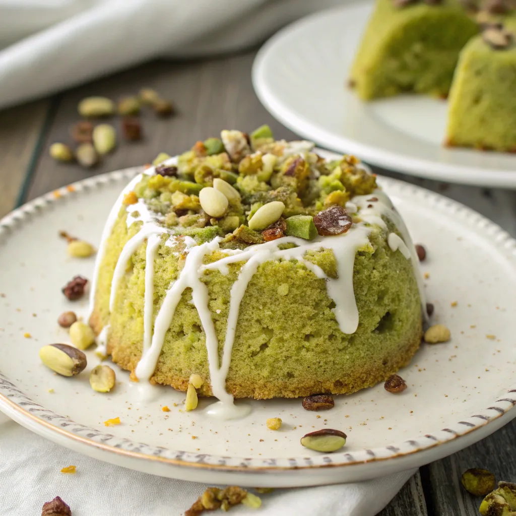 Pistachio Dump Cake with White Chocolate served hot