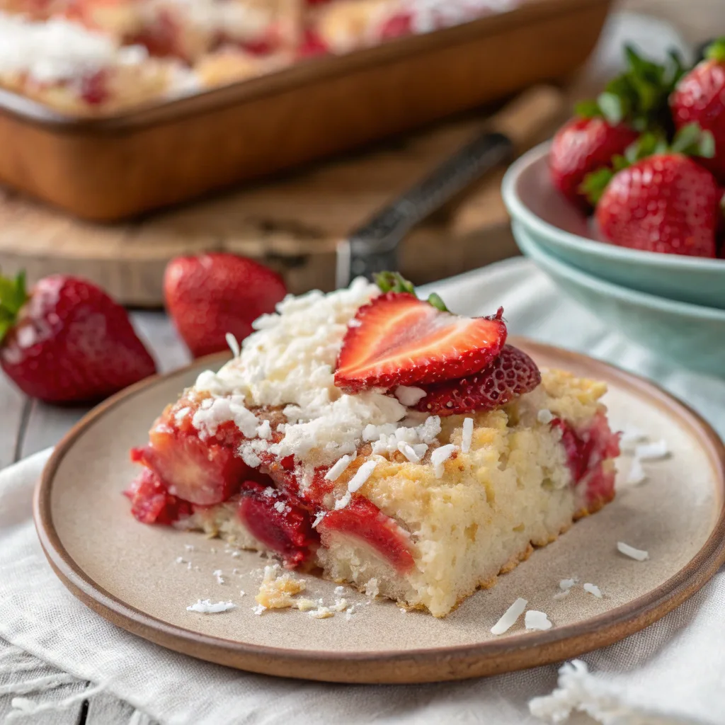 Strawberry Coconut Dump Cake slice served hot
