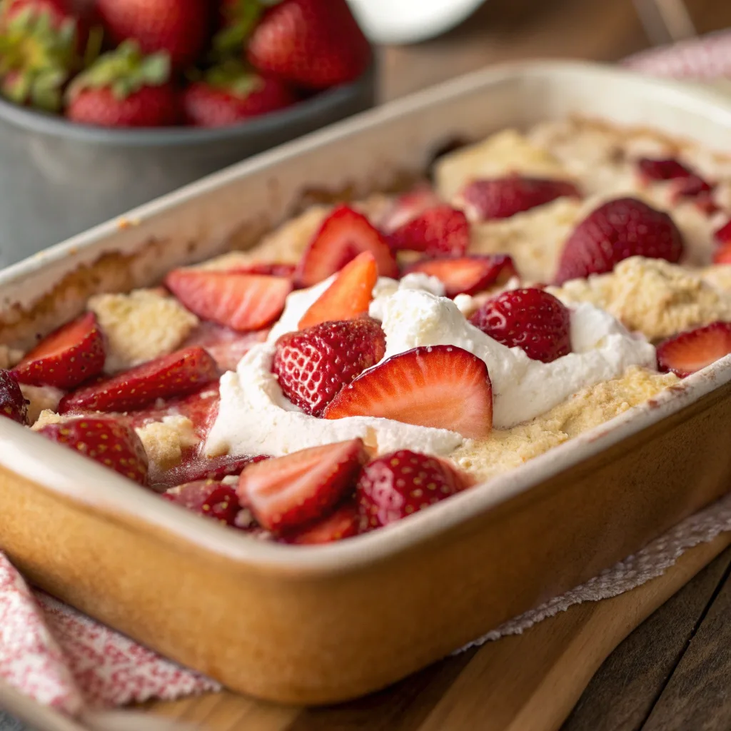 Strawberry Cream Cheese Dump Cake served hot