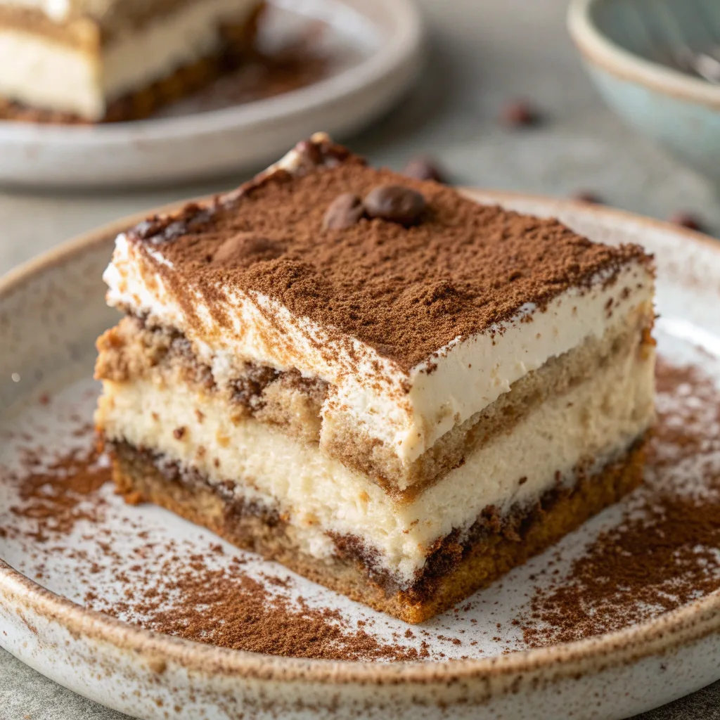 Tiramisu-Inspired Dump Cake slice served hot