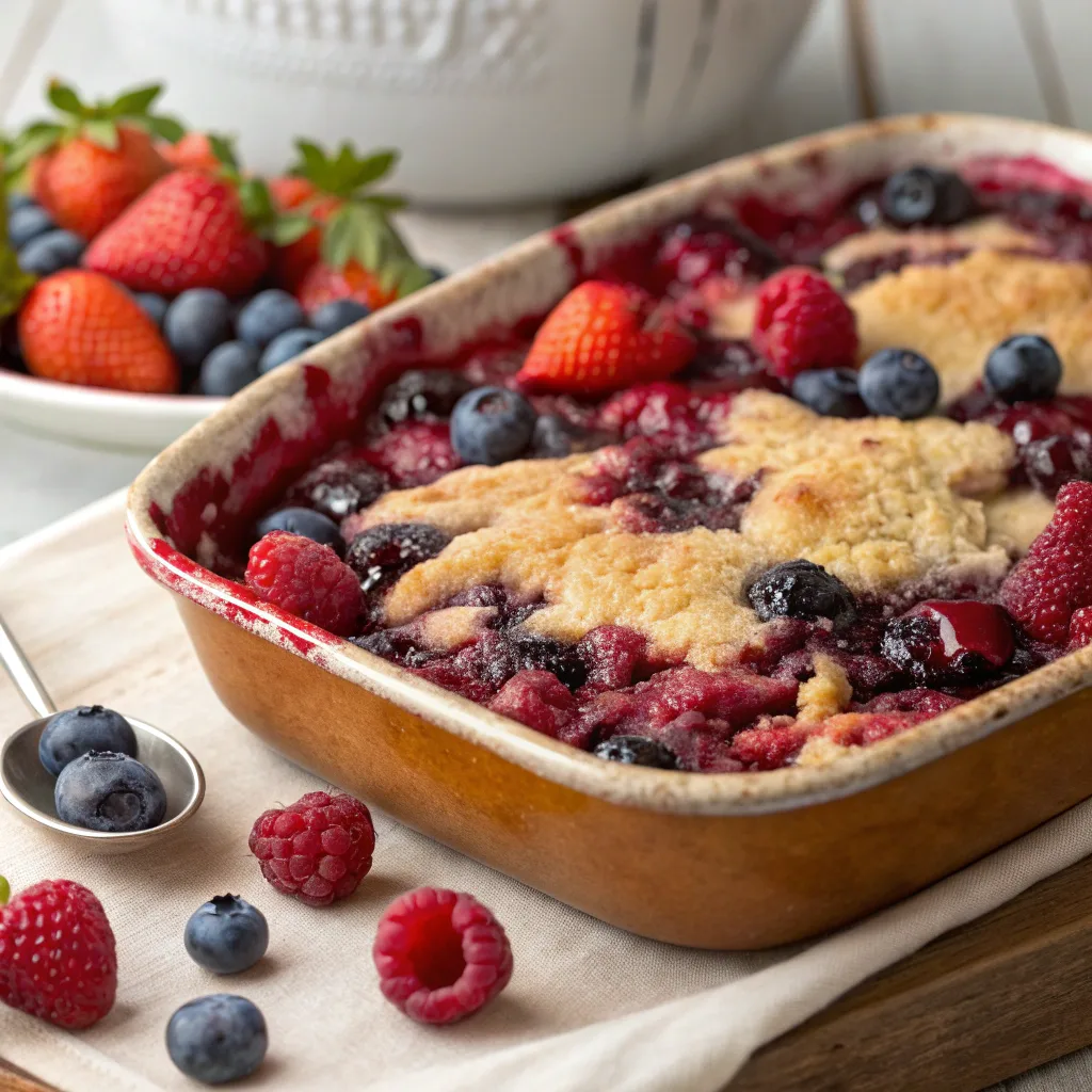 triple berry dump cake served hot