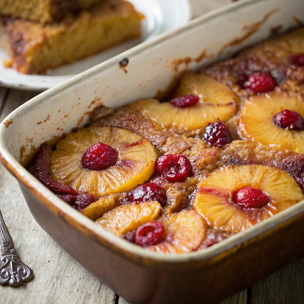 Vegan pineapple upside-down dump cake served hot