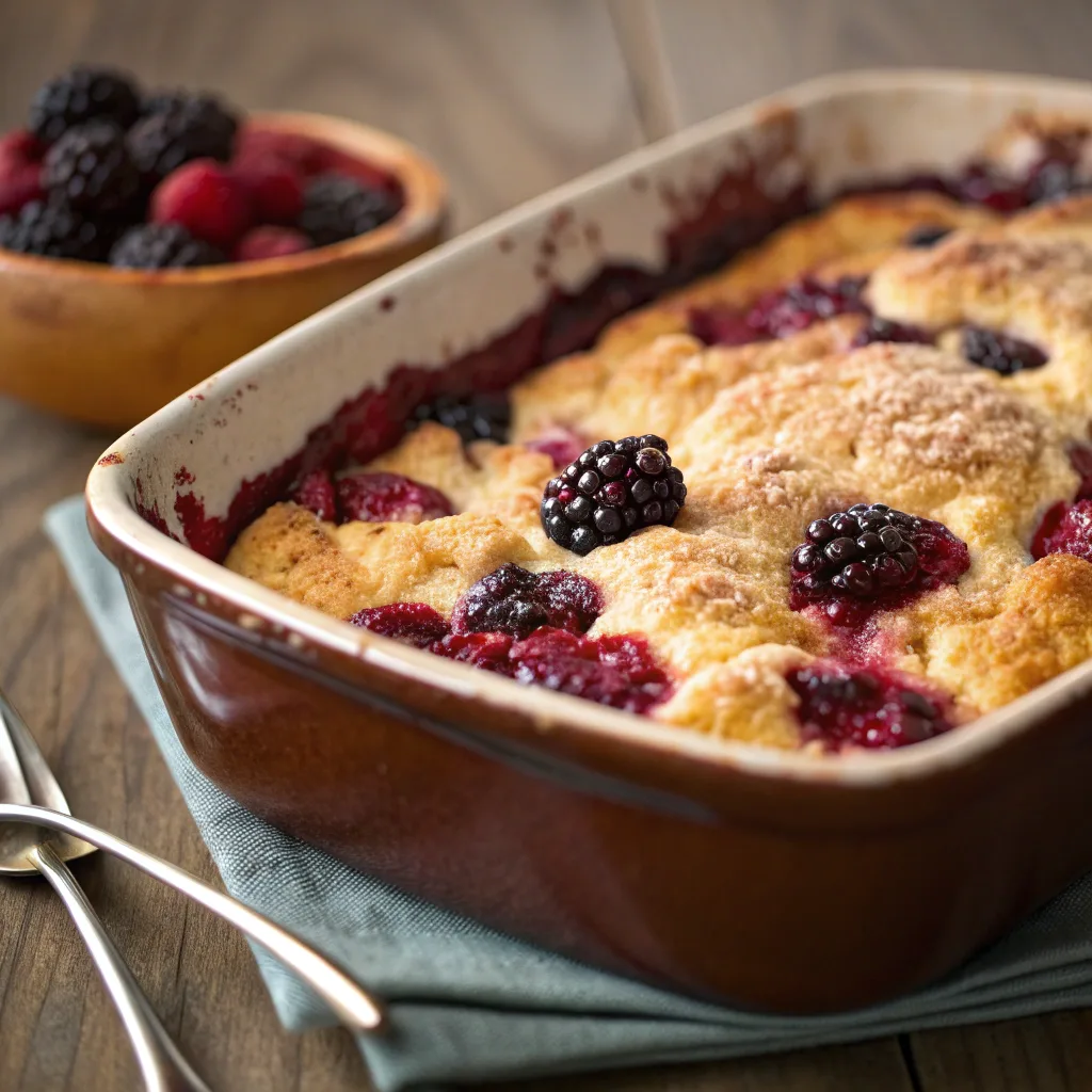 Blackberry dump cake served hot
