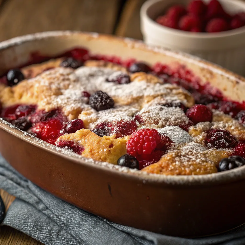 Mixed berry dump cake fresh from oven