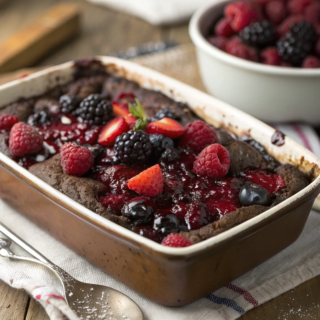 Mixed berry chocolate dump cake served warm