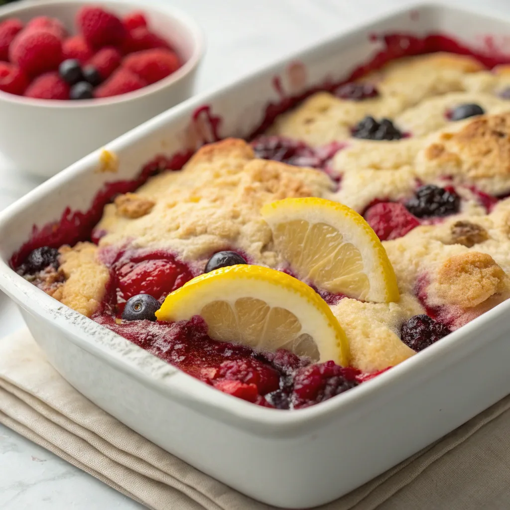 mixed berry lemon dump cake served hot
