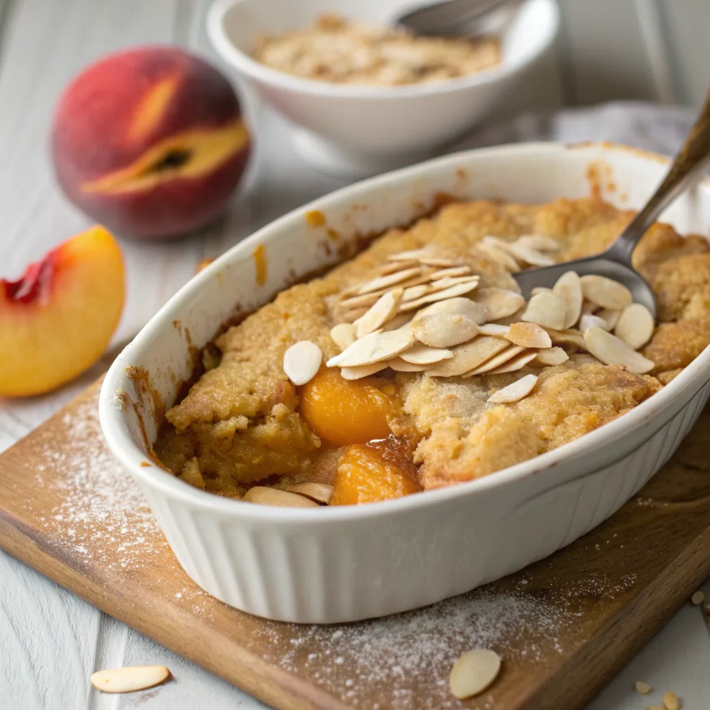 Vegan Peach Almond Dump Cake served hot