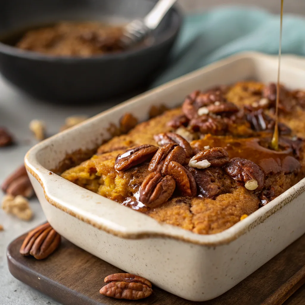 vegan pumpkin dump cake fresh from oven