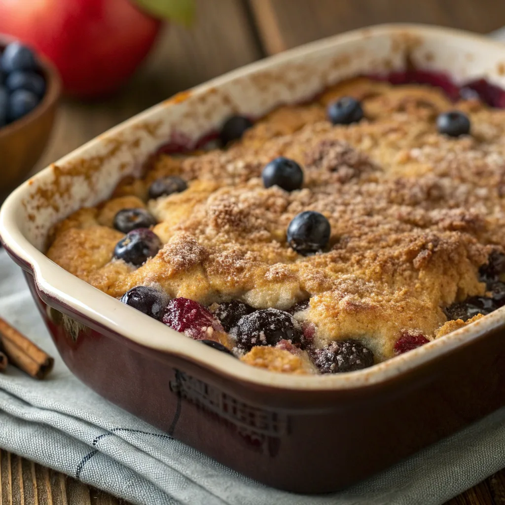 blueberry apple dump cake fresh from oven