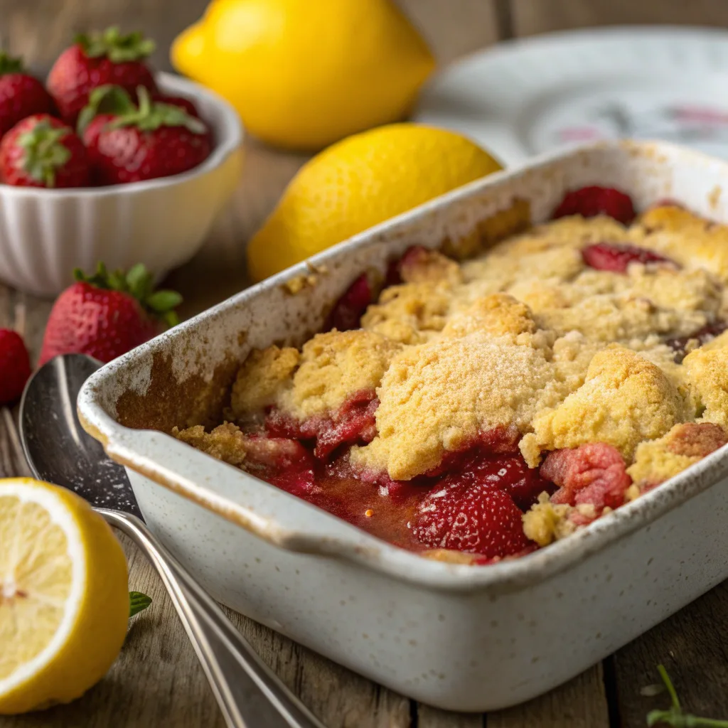 Vegan Strawberry Lemon Dump Cake served hot