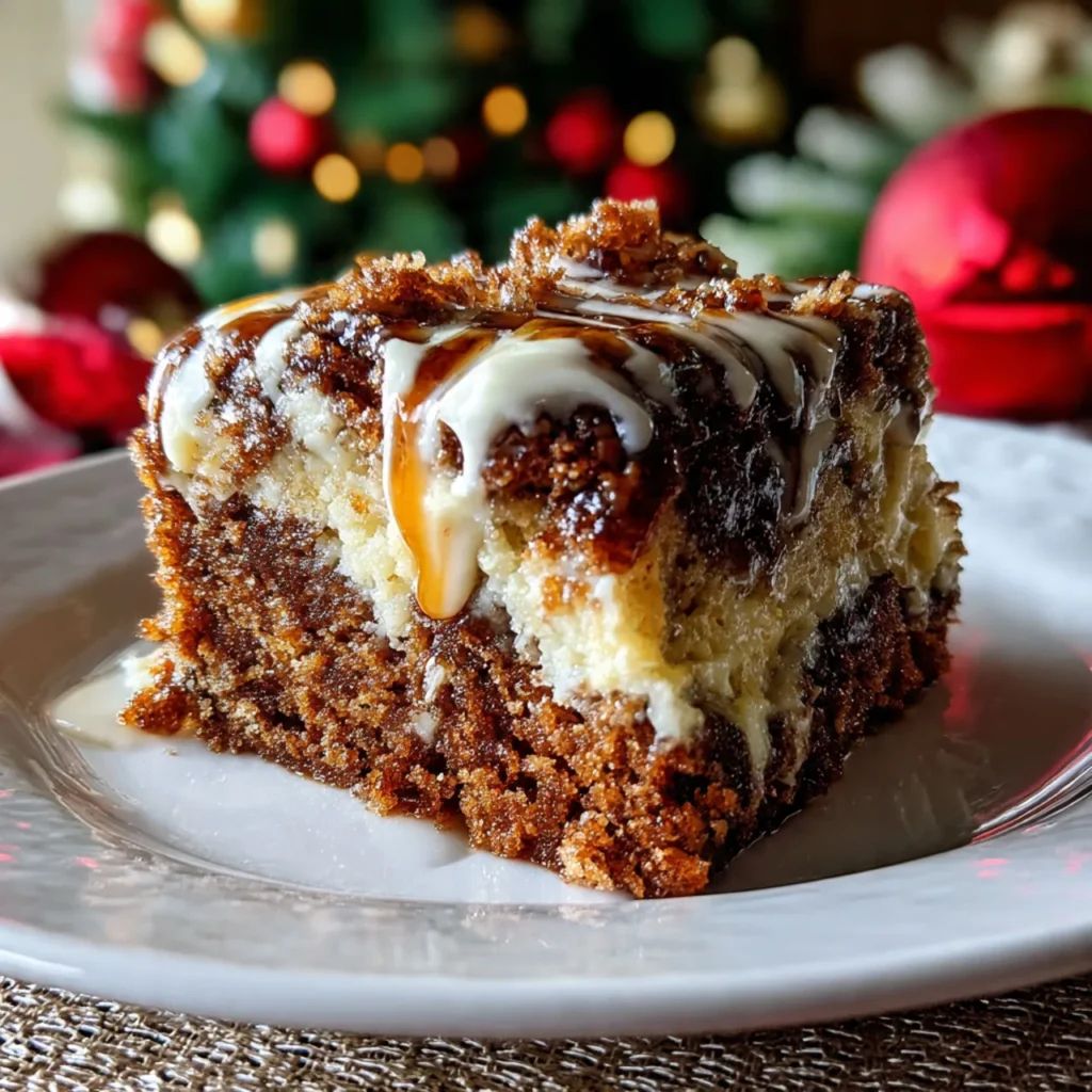 Gingerbread Cream Cheese Swirl Dump Cake – Old-Fashioned Holiday Classic 4 slice of gingerbread cream cheese swirl dump cake