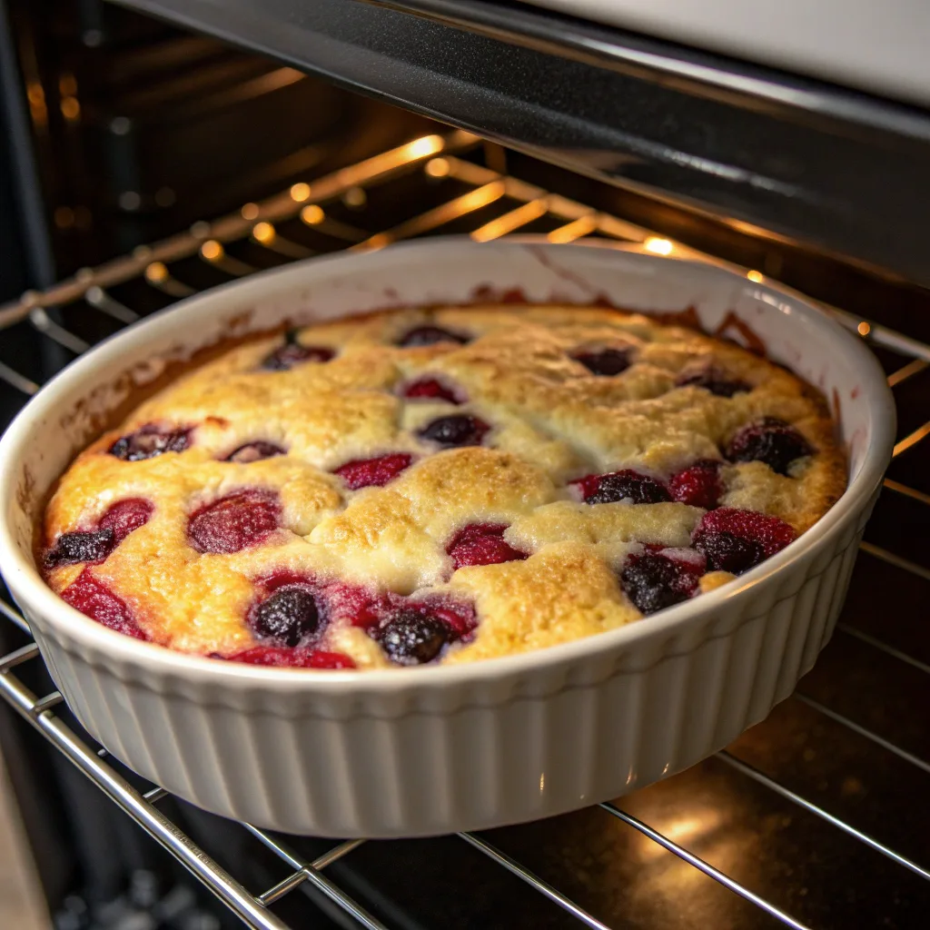 Berry Cheesecake Dump Cake – Simple, Creamy, and Crowd-Pleasing 10 Baking berry cheesecake dump cake in oven