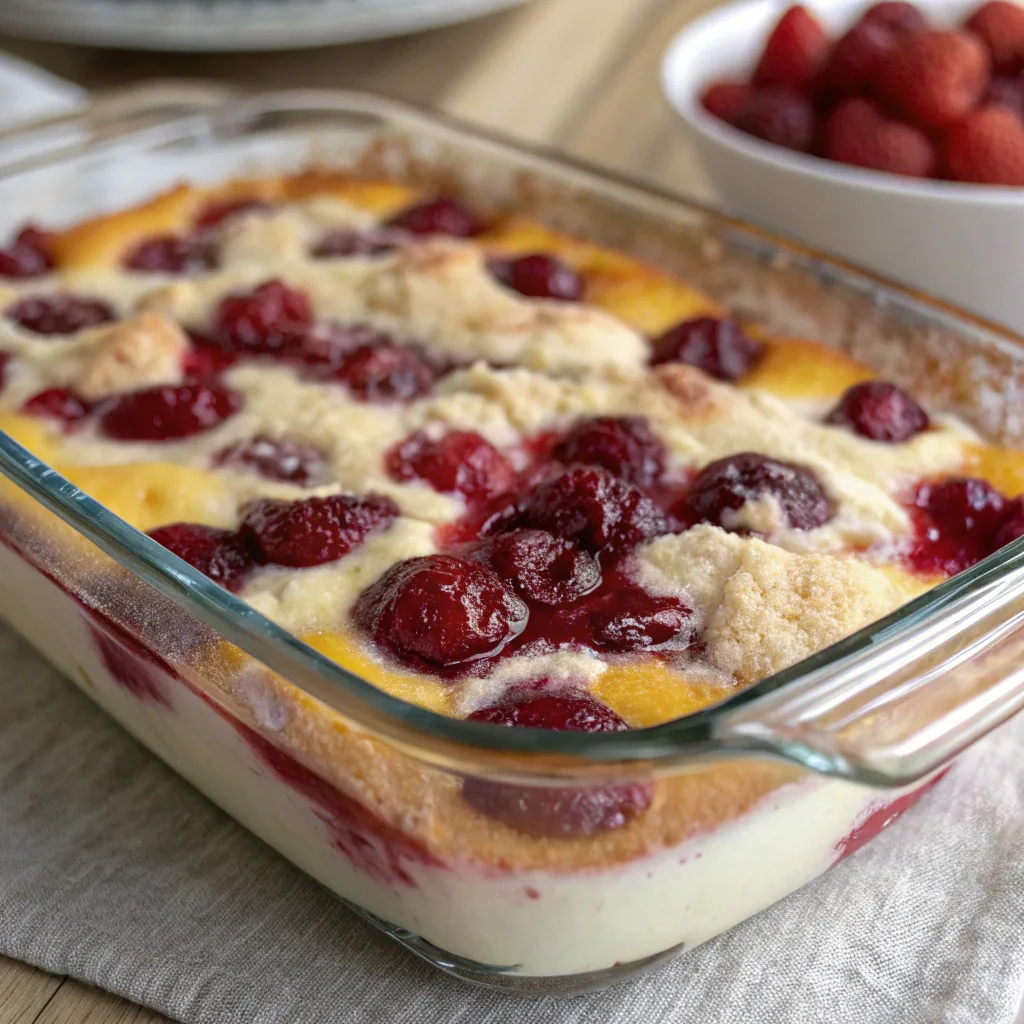 Berry cheesecake dump cake fresh from oven