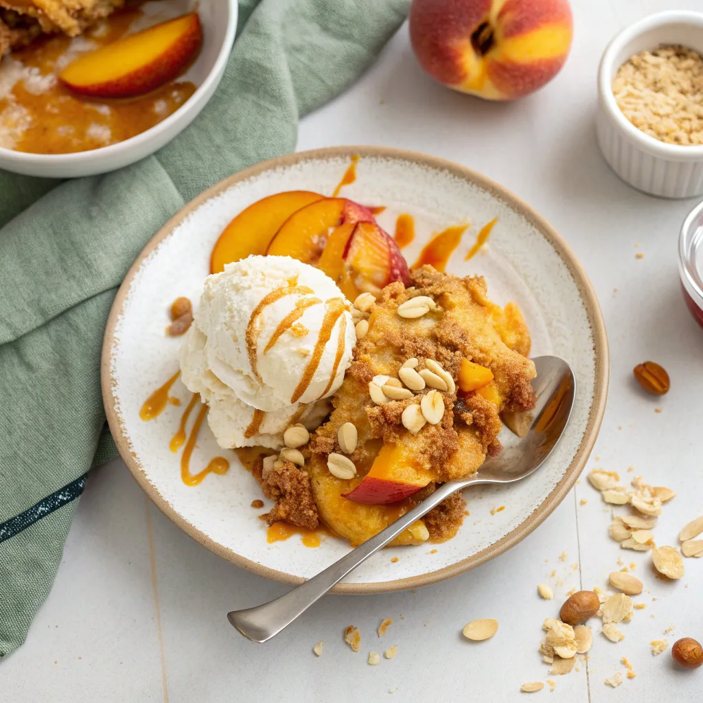 Served vegan peach almond dump cake with toppings