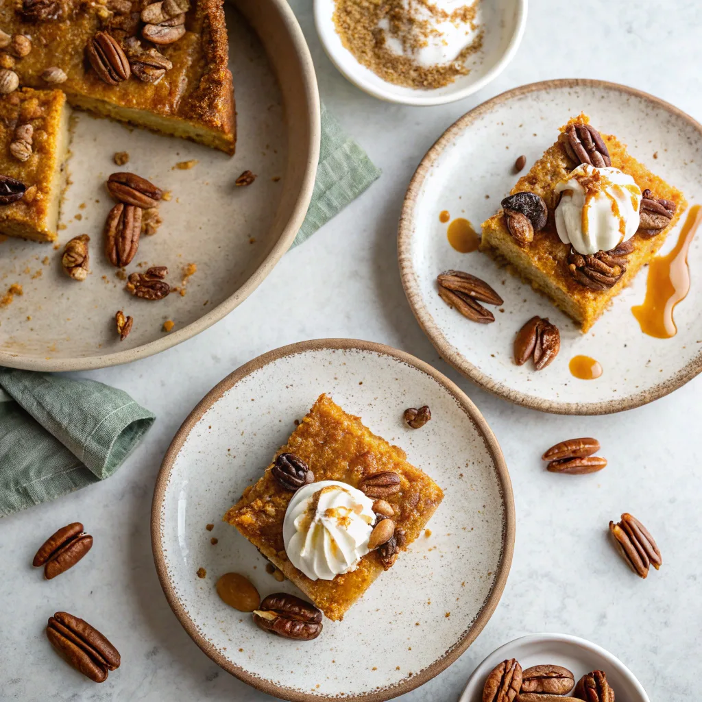 Pumpkin Pecan Dump Cake – Sweet, Crunchy, and Irresistible 11 Served pumpkin pecan dump cake slices