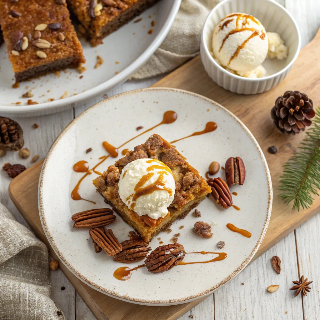 Gingerbread Pecan Dump Cake – Comforting Winter Dessert Recipe 11 slices of gingerbread pecan dump cake served