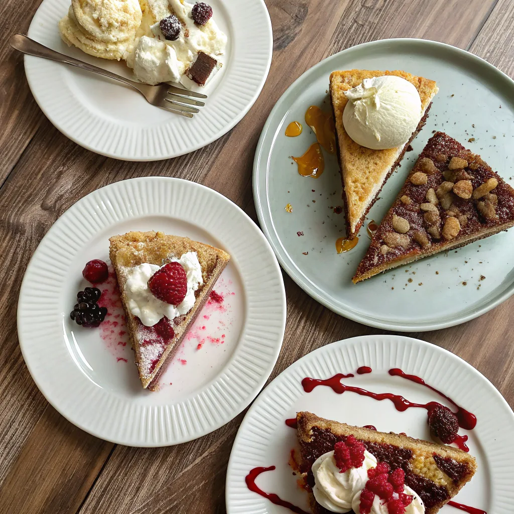 Slices of Peach and Cream Cheese Dump Cake served