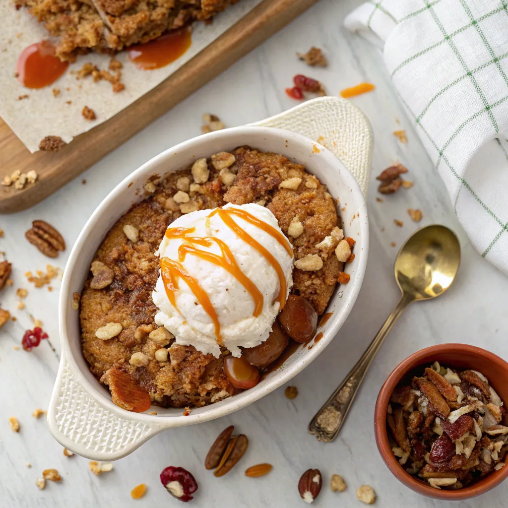 Apple Caramel Dump Cake – Classic, Sweet, and Irresistible Treat 11 Served Apple Caramel Dump Cake with toppings