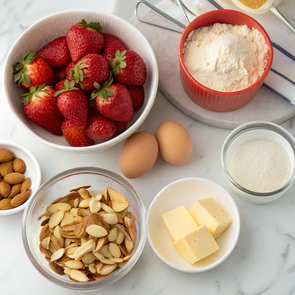 Ingredients for strawberry almond dump cake