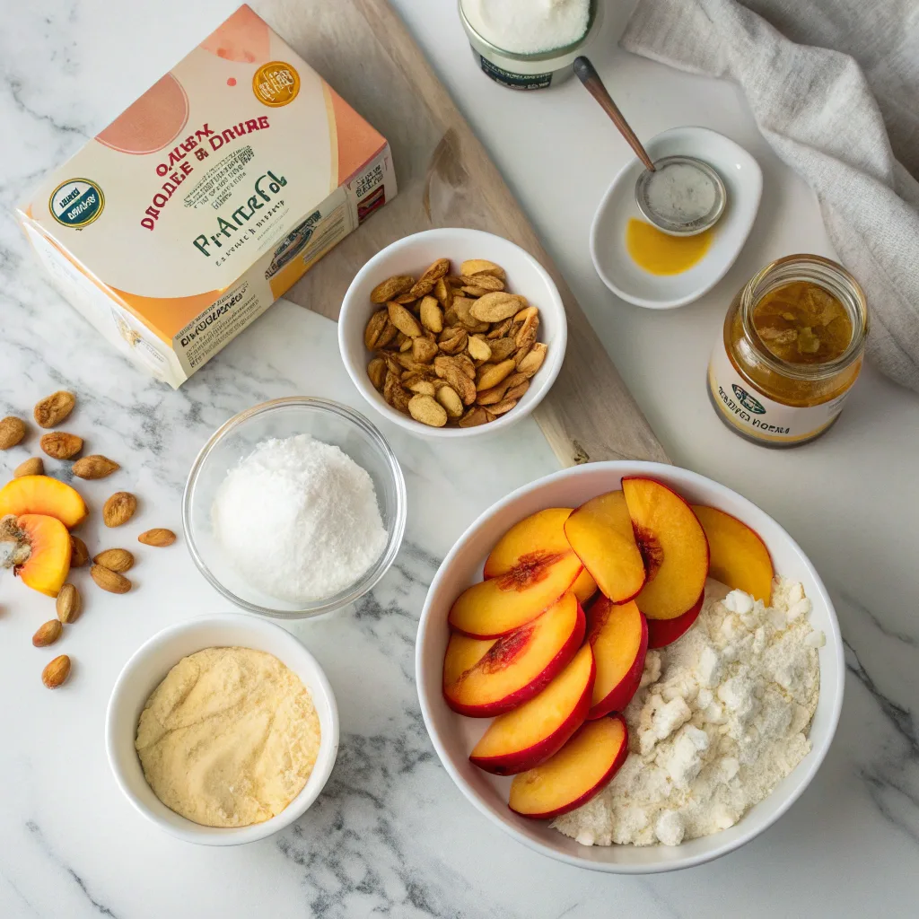 Ingredients for vegan peach almond dump cake