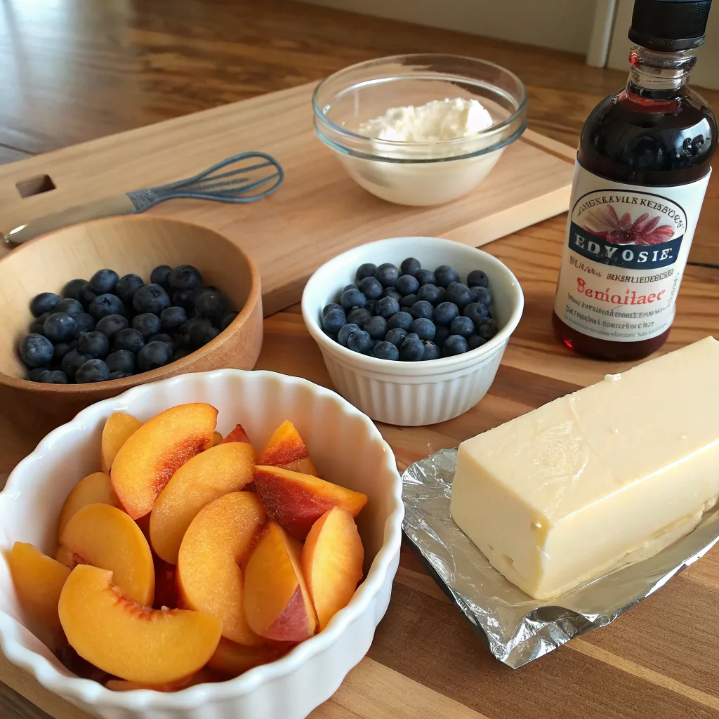 Easy Peach Blueberry Dump Cake – Perfect for Busy Weeknights 9 ingredients laid out on a wooden counter sliced p