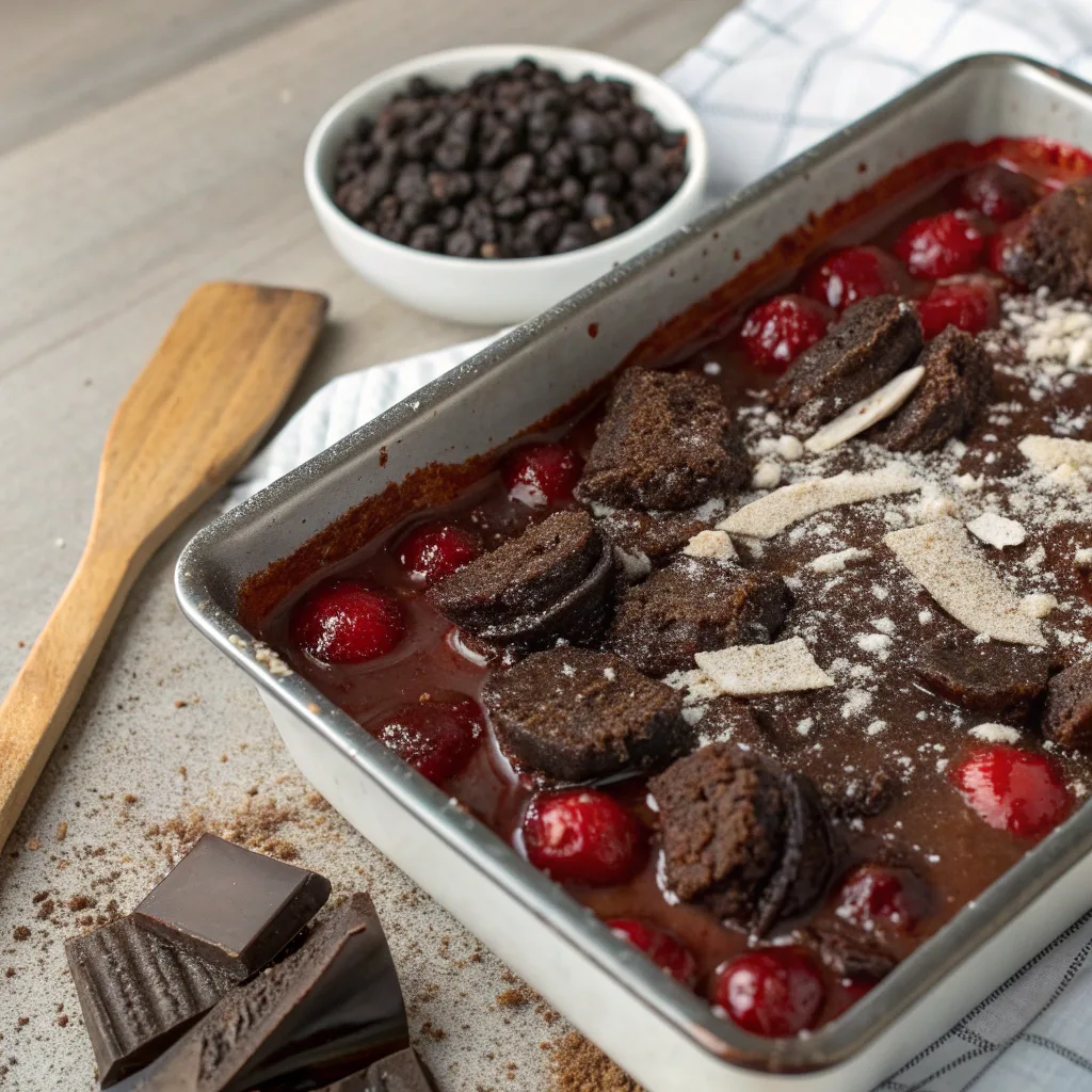 Cherry Oreo Dump Cake: Gooey, and Family-Favorite Dessert 10 Cooking cherry Oreo dump cake in pan