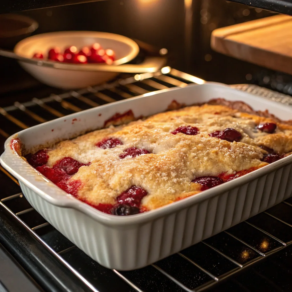 Cherry Coconut Dump Cake: Easy, Tropical, and Family-Favorite Dessert 10 baking cherry coconut dump cake in oven