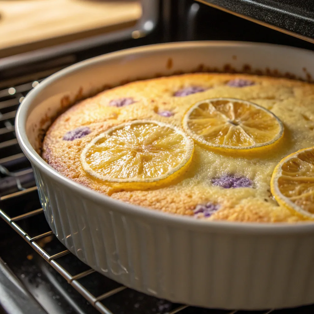 Best Lavender Lemon Dump Cake Recipe – Moist, Floral, and Delicious 10 Baking Lavender Lemon Dump Cake in oven