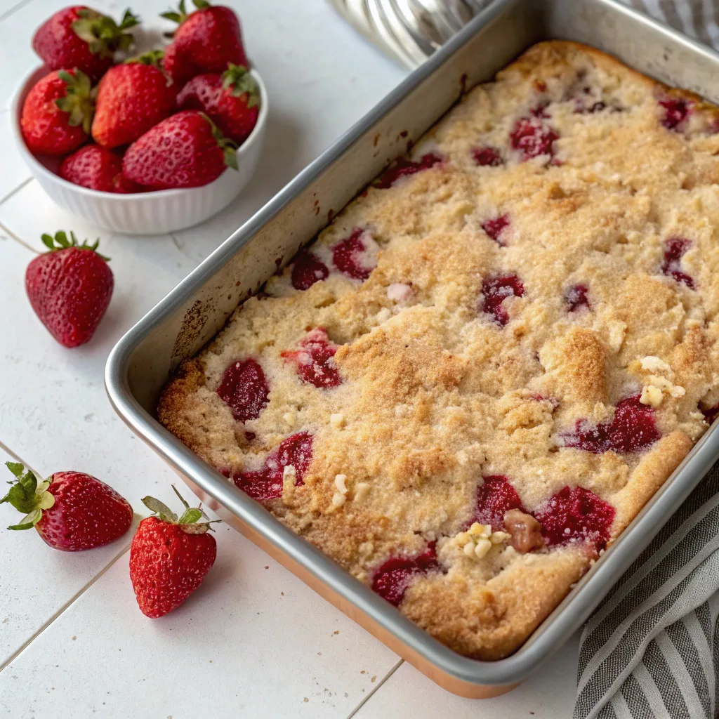 Strawberry Coconut Dump Cake – Simple, Tropical Dessert for Any Occasion 10 Baking Strawberry Coconut Dump Cake in pan