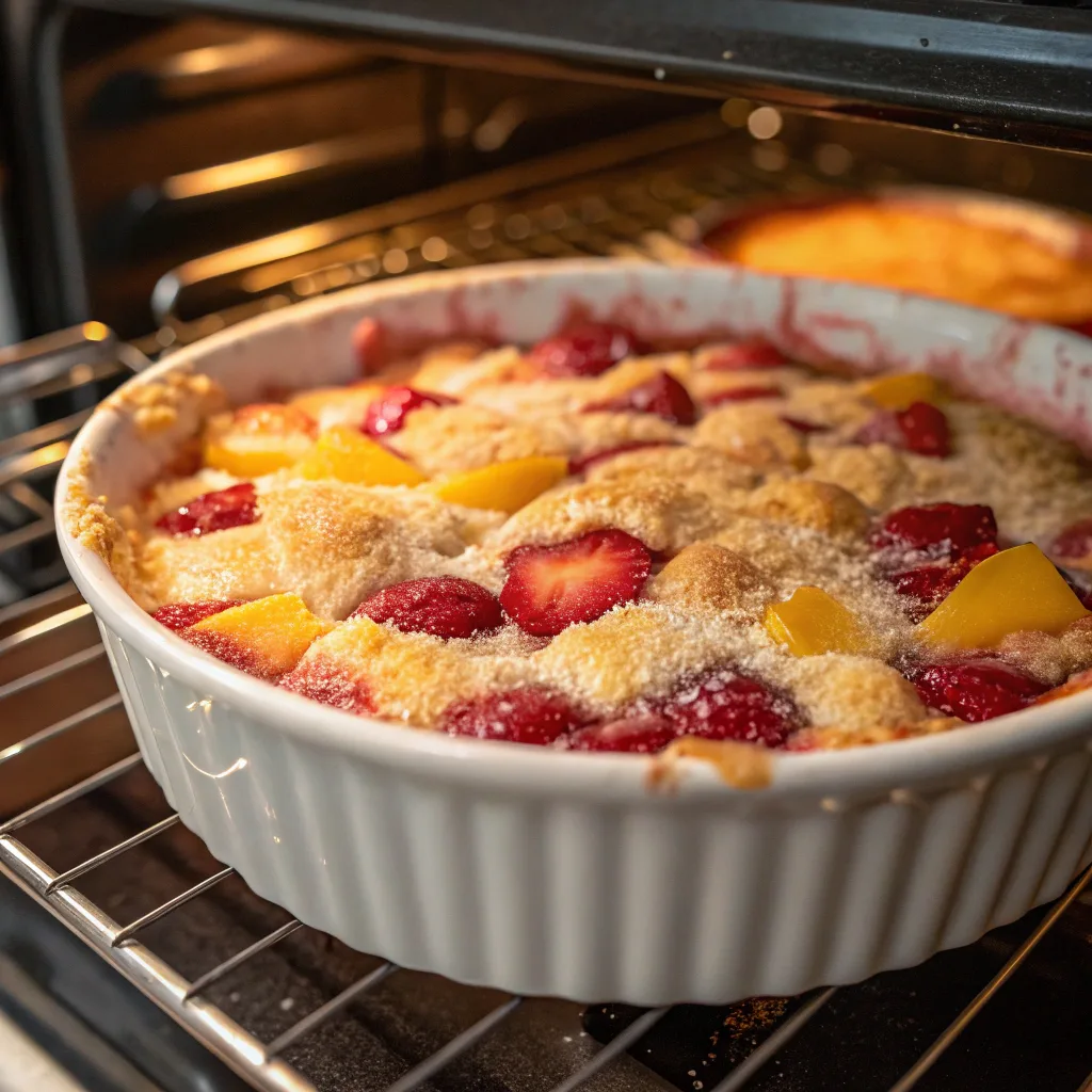 Old-Fashioned Strawberry Mango Dump Cake – Perfect for Any Occasion 10 Strawberry mango dump cake baking in oven