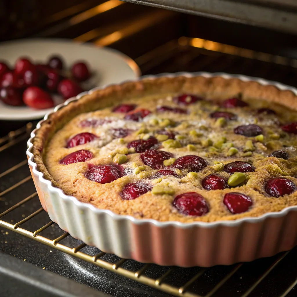 Cherry and Pistachio Cake Loaf: Simple Dump Cake Delight 10 Cherry pistachio dump cake mid-baking