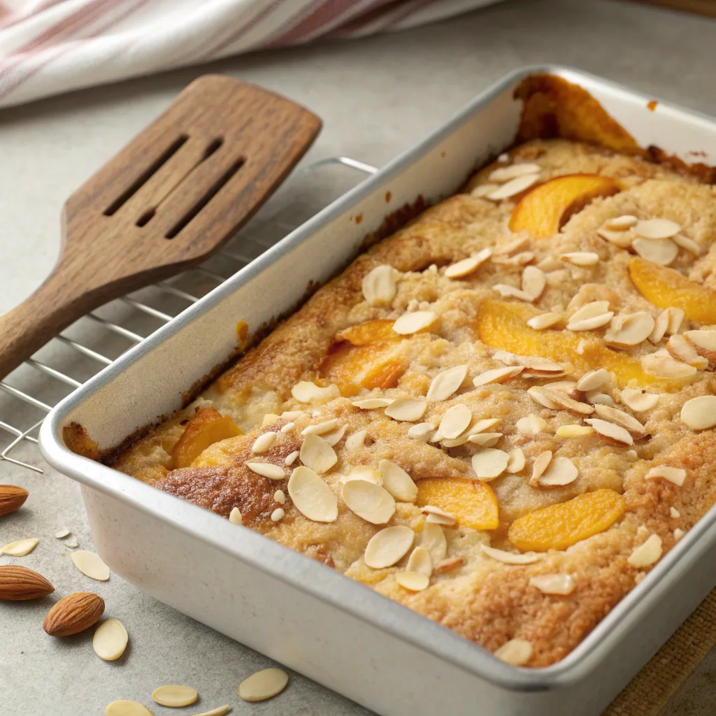 Baking vegan peach almond dump cake in pan