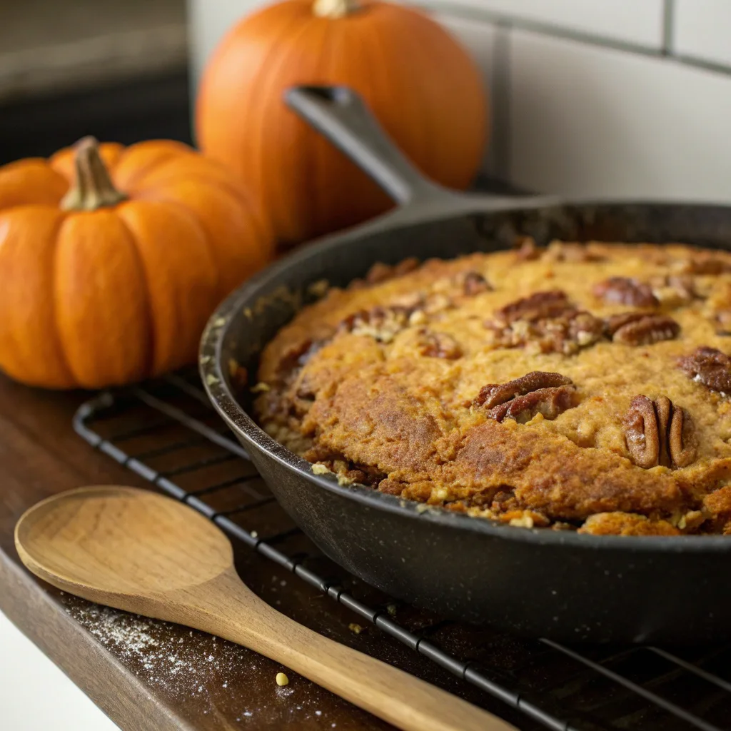 Pumpkin Pecan Dump Cake – Sweet, Crunchy, and Irresistible 10 Pumpkin pecan dump cake baking in skillet