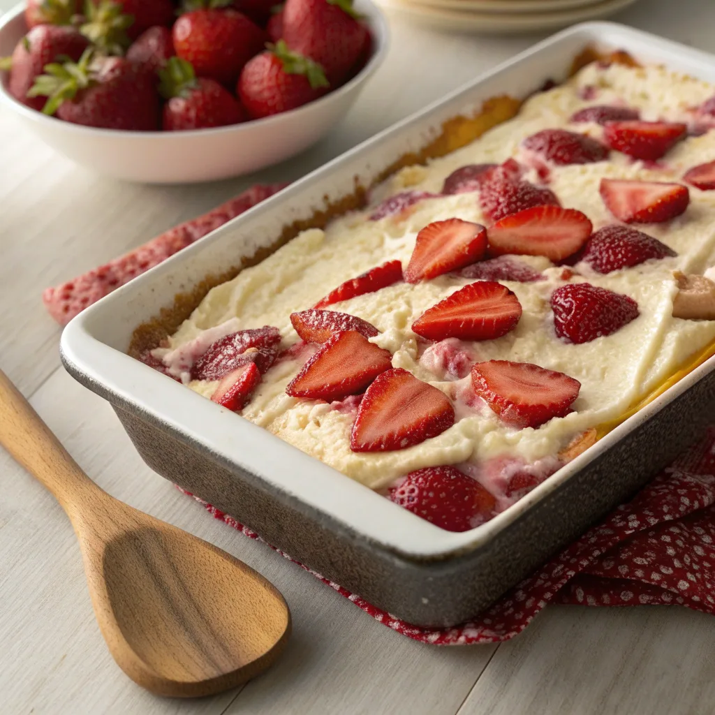 Strawberry Cream Cheese Dump Cake – Perfect for Busy Weeknights 10 Baking Strawberry Cream Cheese Dump CakeBaking Strawberry Cream Cheese Dump Cake