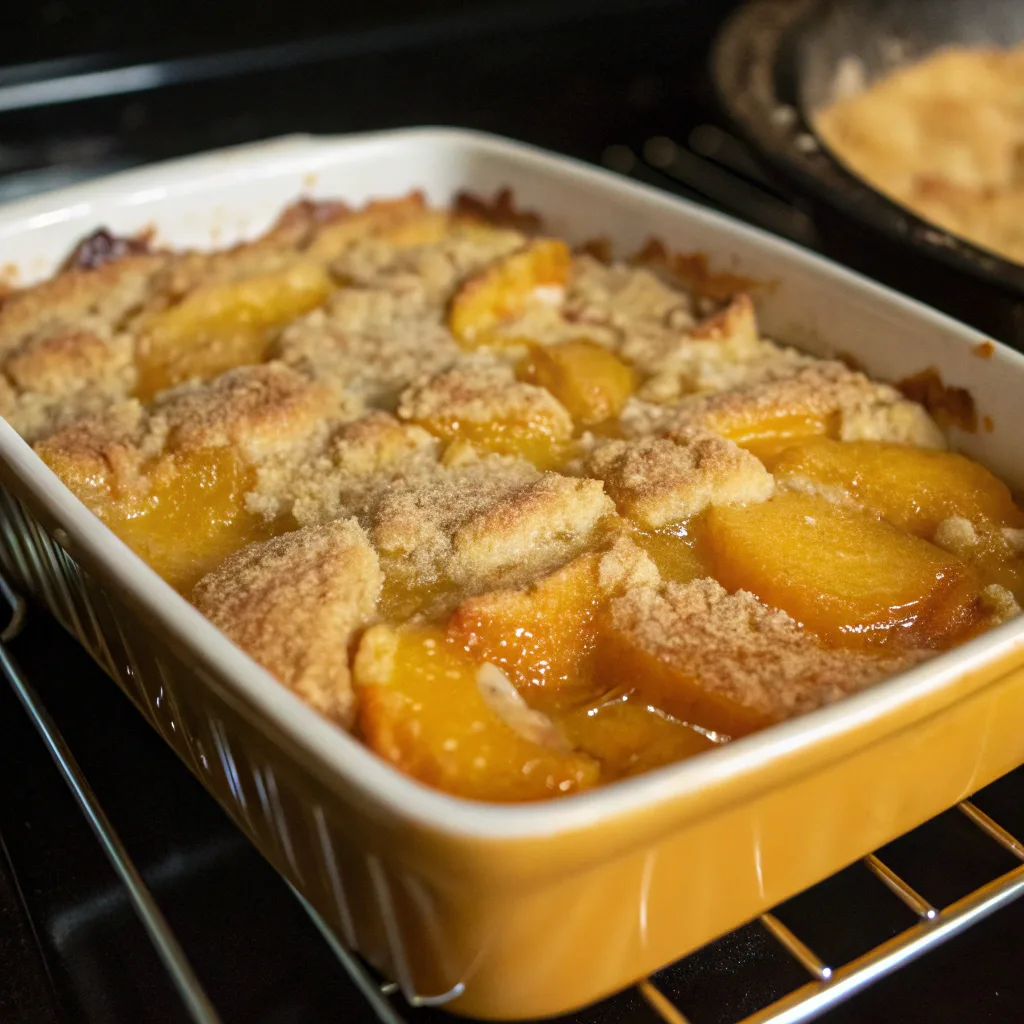 Peach Cobbler Dump Cake baking