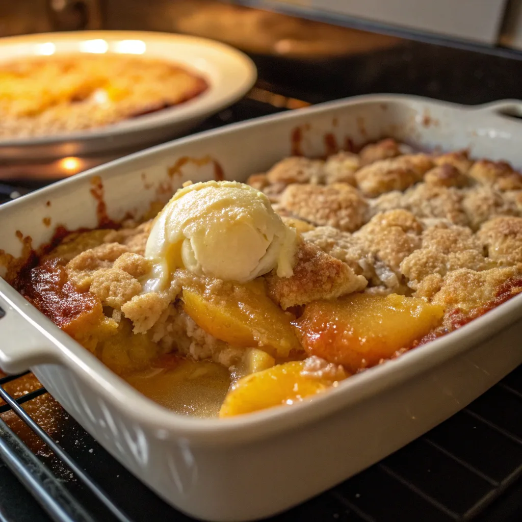 peach dump cake fresh from oven