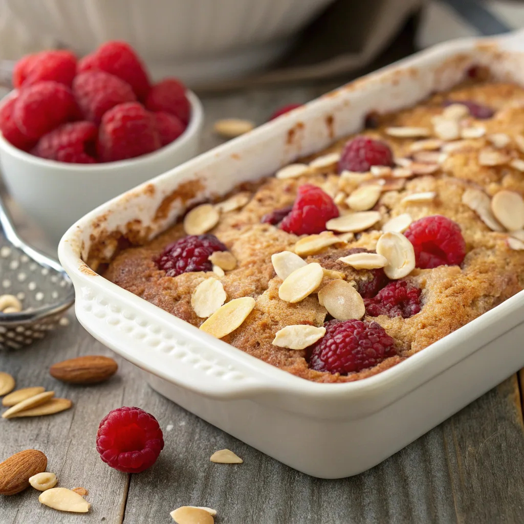 Raspberry Almond Dump Cake served hot