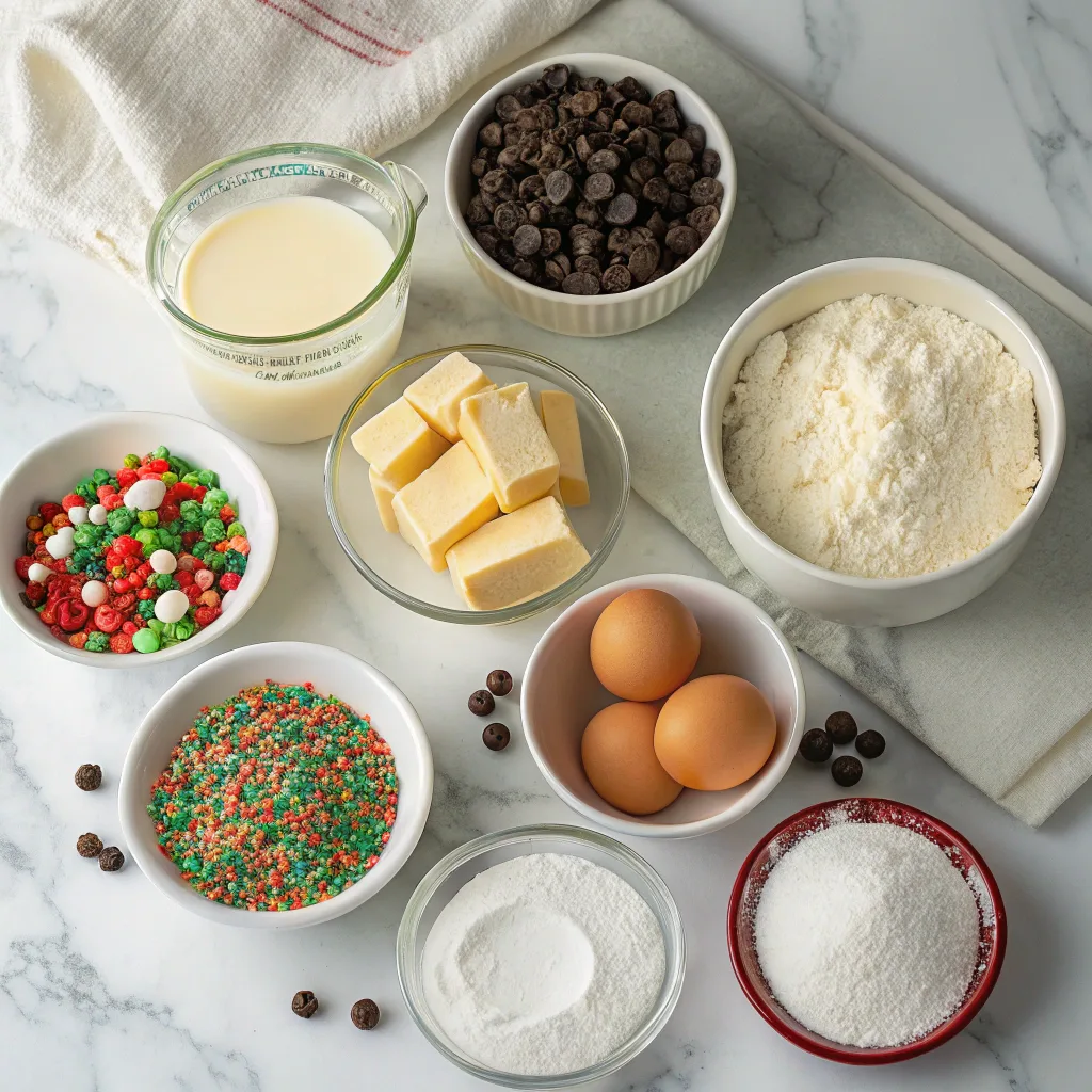 Ingredients for holiday-themed sugar cookie dump cake