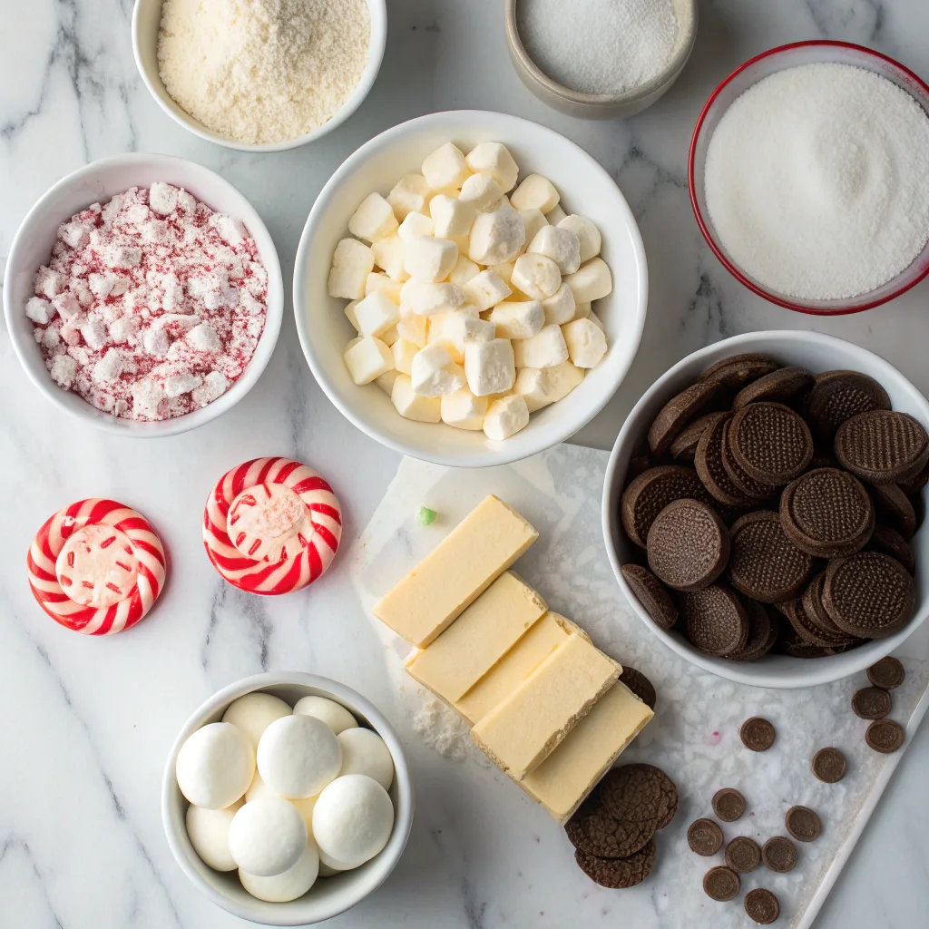Ingredients for peppermint sugar cookie dump cake on counter